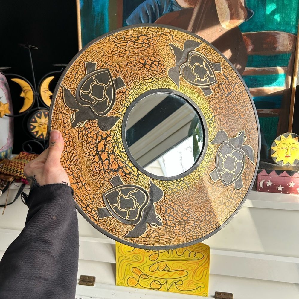Vintage Crackled 15.75" Turtle Design Wall Mirror - Brown and Yellow Indonesia